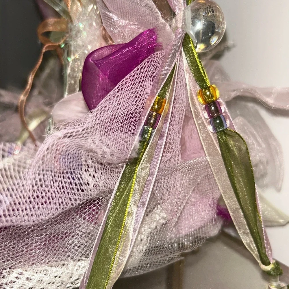 NWOT vintage fabric fairy doll on ribboned acrylic swing